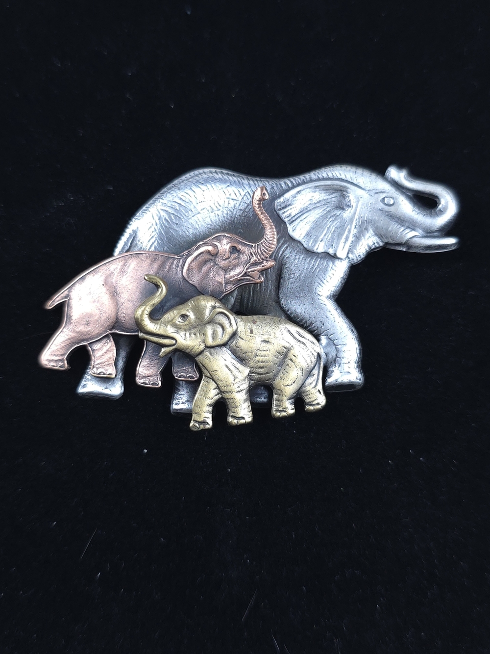Vintage Elephant Family Tricolor Brooch Pin Silver Copper Gold Tone Wildlife